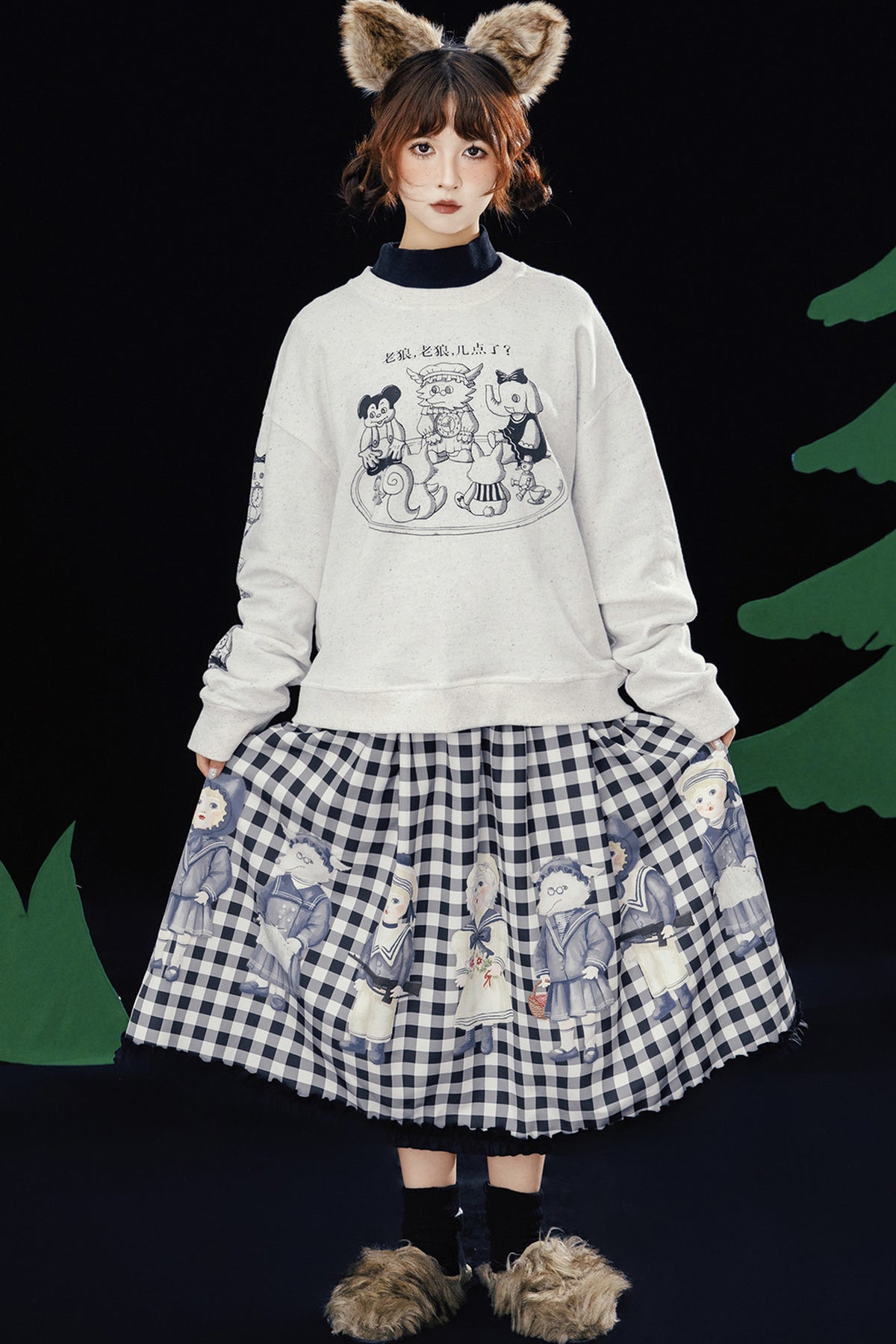 Black White Check Hand-Painted Lace Skirt