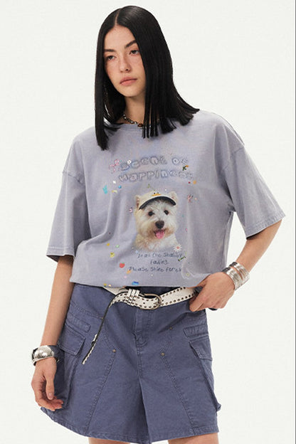 Rhinestone Cartoon Dog Drop Shoulder T-Shirt