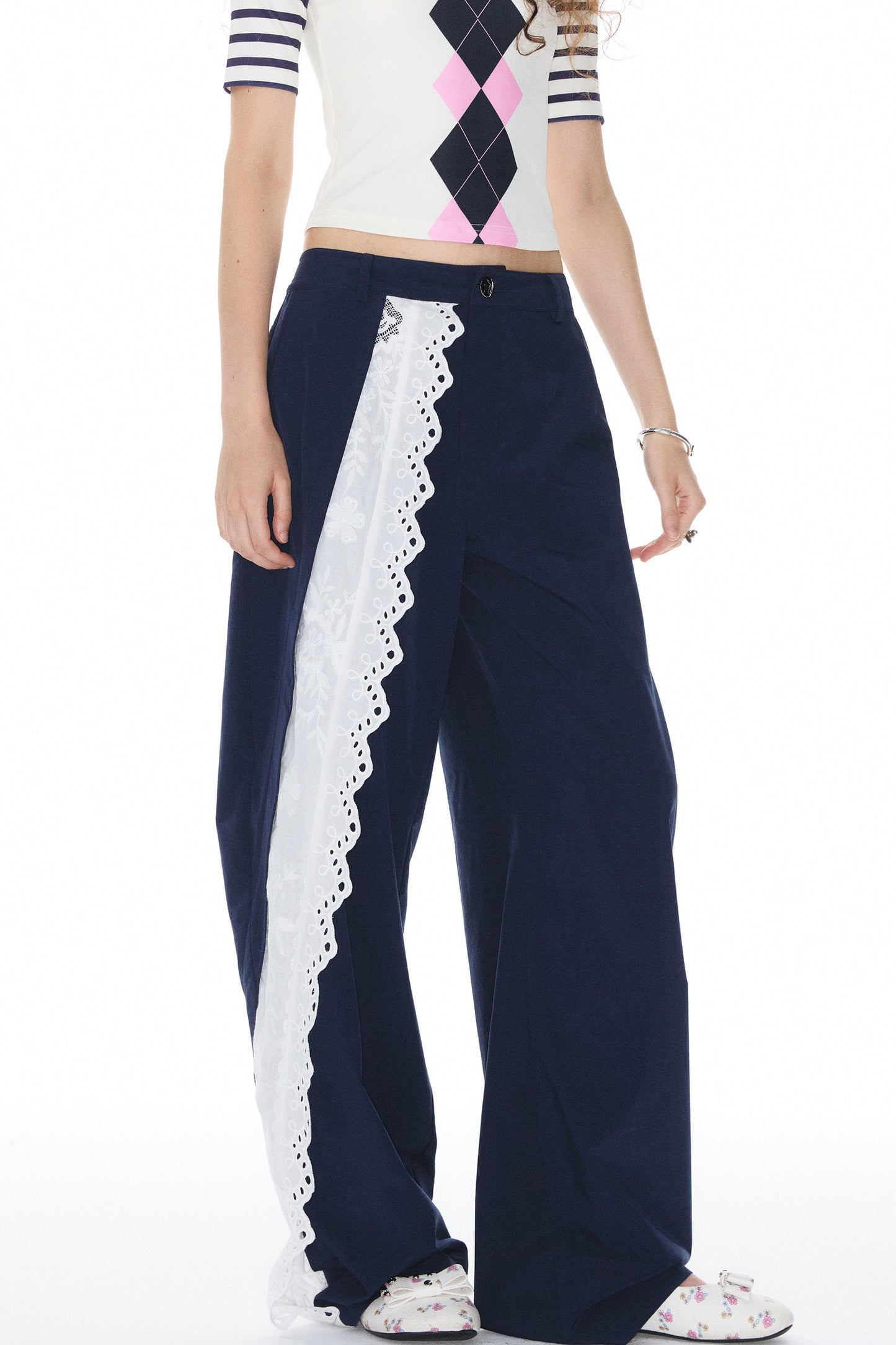 Navy Lace Trim Pants