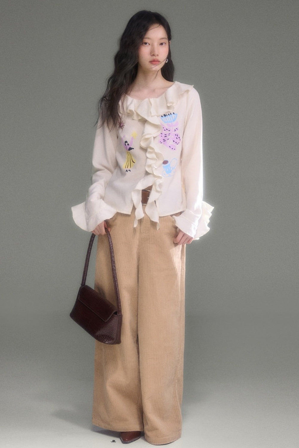 French Ruffle Flared Long-Sleeve Blouse