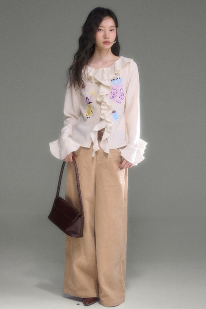 French Ruffle Flared Long-Sleeve Blouse
