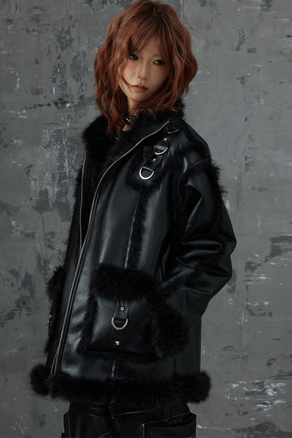 Dark Punk Metal Leather Fur Jacket