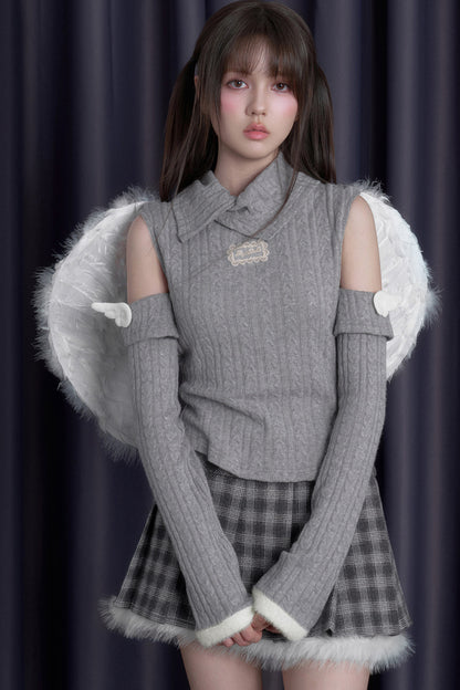 Winged Fold-Over Collar Knit Top