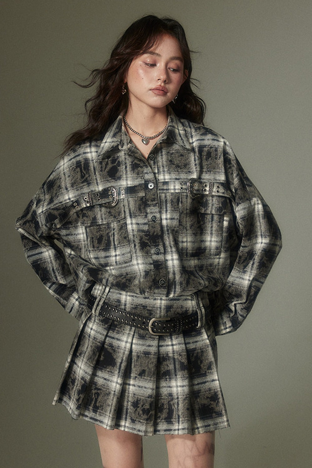 Plaid Shirt and Pleated Skirt Set-Up