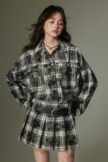 Plaid Shirt and Pleated Skirt Set-Up