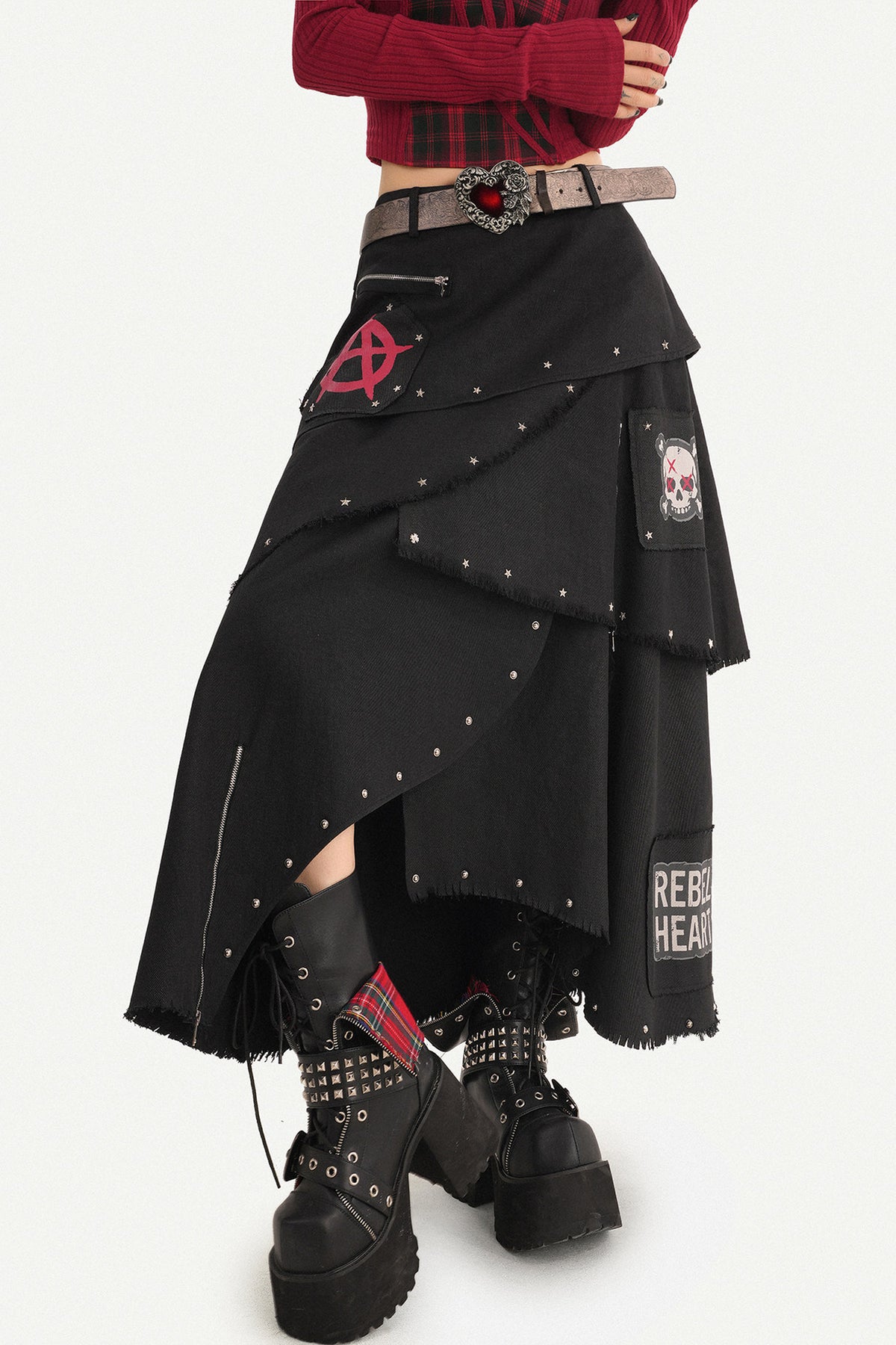 Black Punk Rivet Asymmetrical Skirt