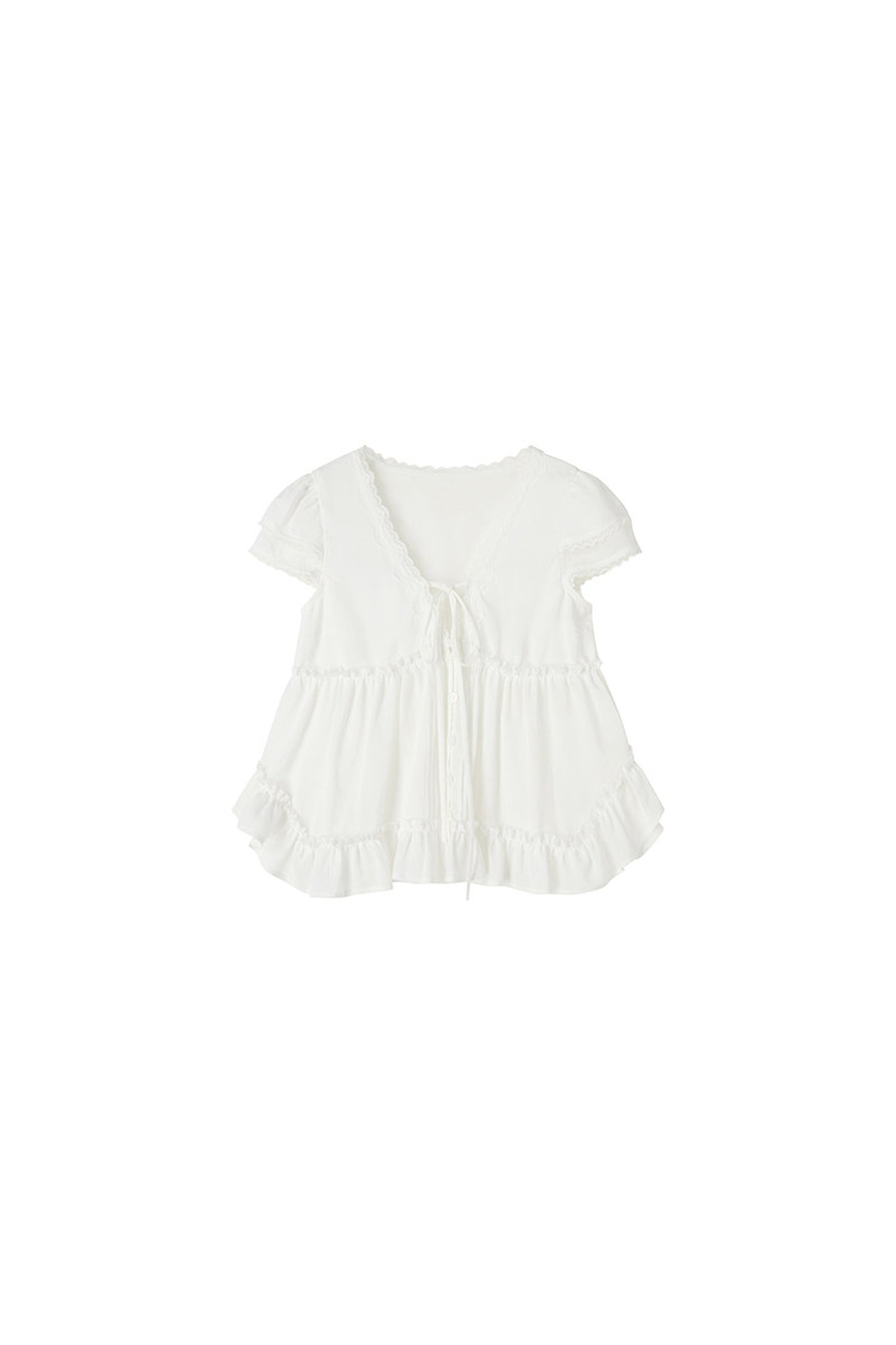 White Lyocell Lace Ruffle Short-Sleeve Shirt