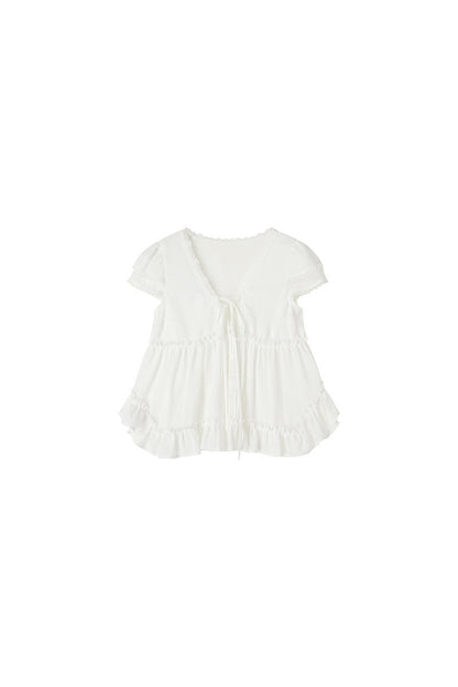 White Lyocell Lace Ruffle Short-Sleeve Shirt