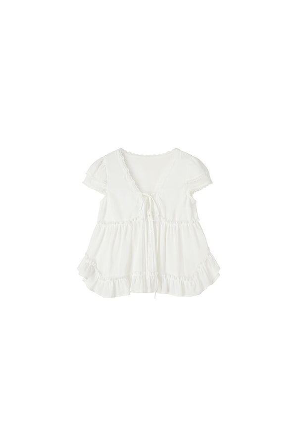 White Lyocell Lace Ruffle Short-Sleeve Shirt