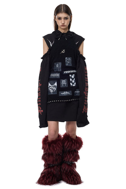 Punk Patchwork Knitted Hooded Sweater Dress