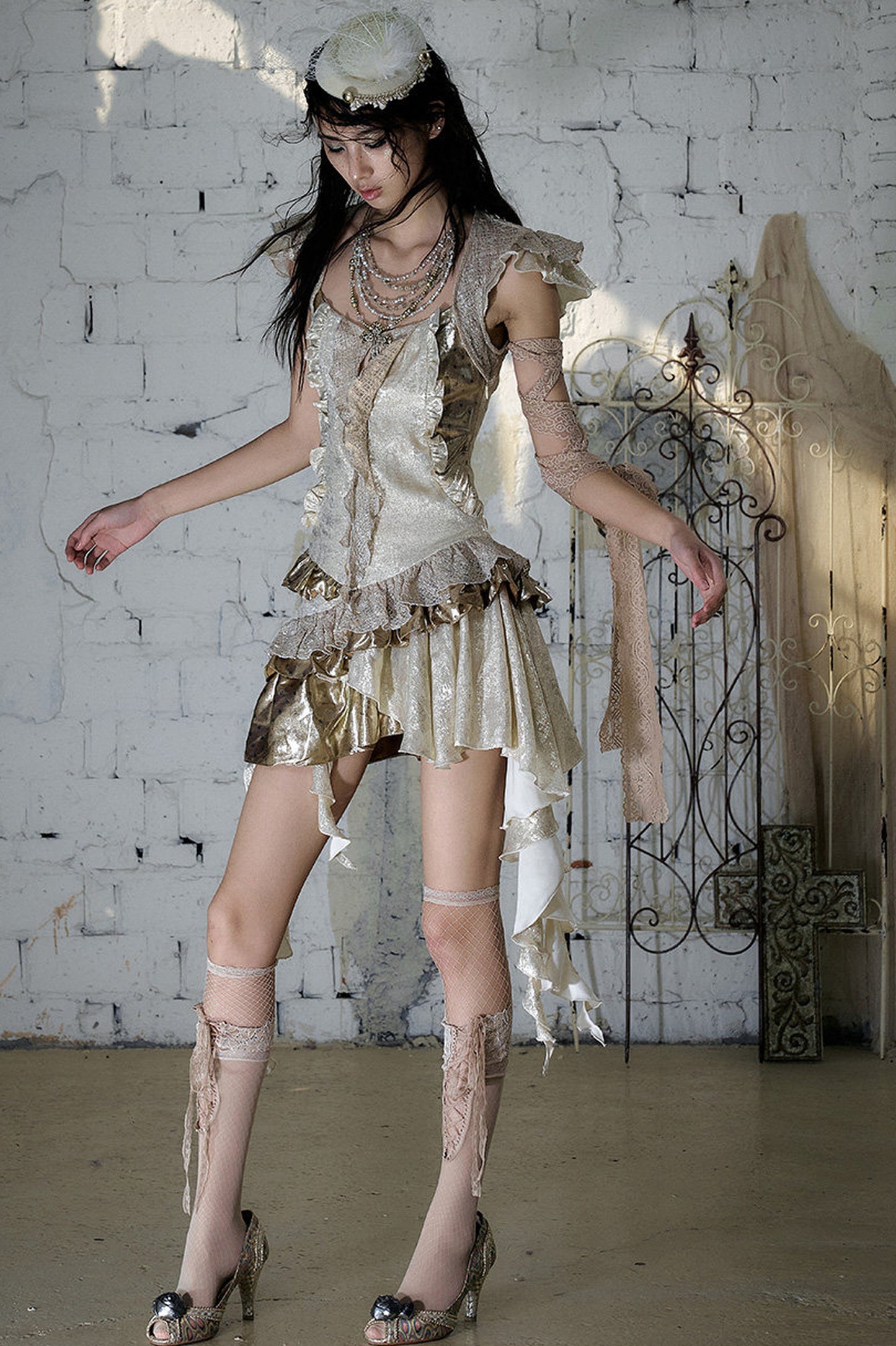 Baroque Gold Satin Ruffle Dress