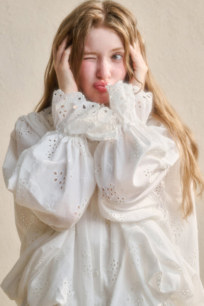 Long-Sleeved Cotton Embroidered Shirt Dress