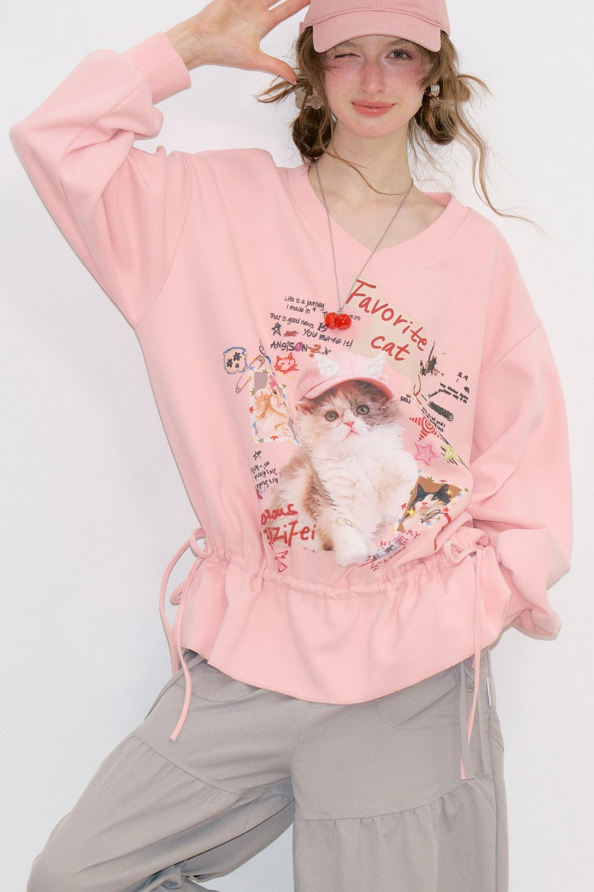 Pink Cat Print Sweatshirt