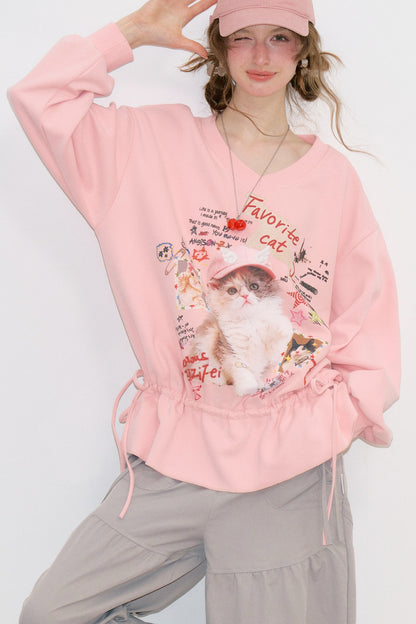 Pink Cat Print Sweatshirt