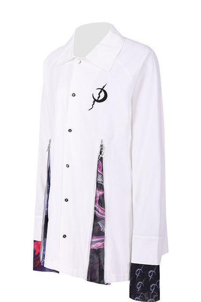 White Patchwork Zipper Slit Windbreaker