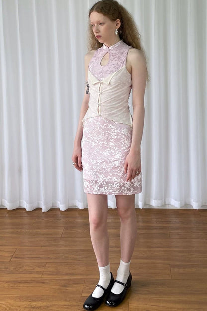 Abito Cheongsam rosa vintage in pizzo