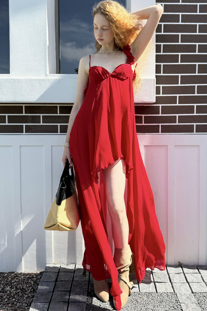 Hand-Stitched Rose Red Slip Dress