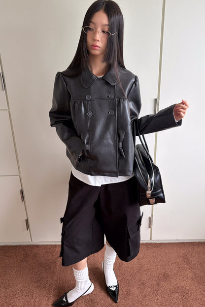 Double-Breasted Bow Pocket Leather Jacket