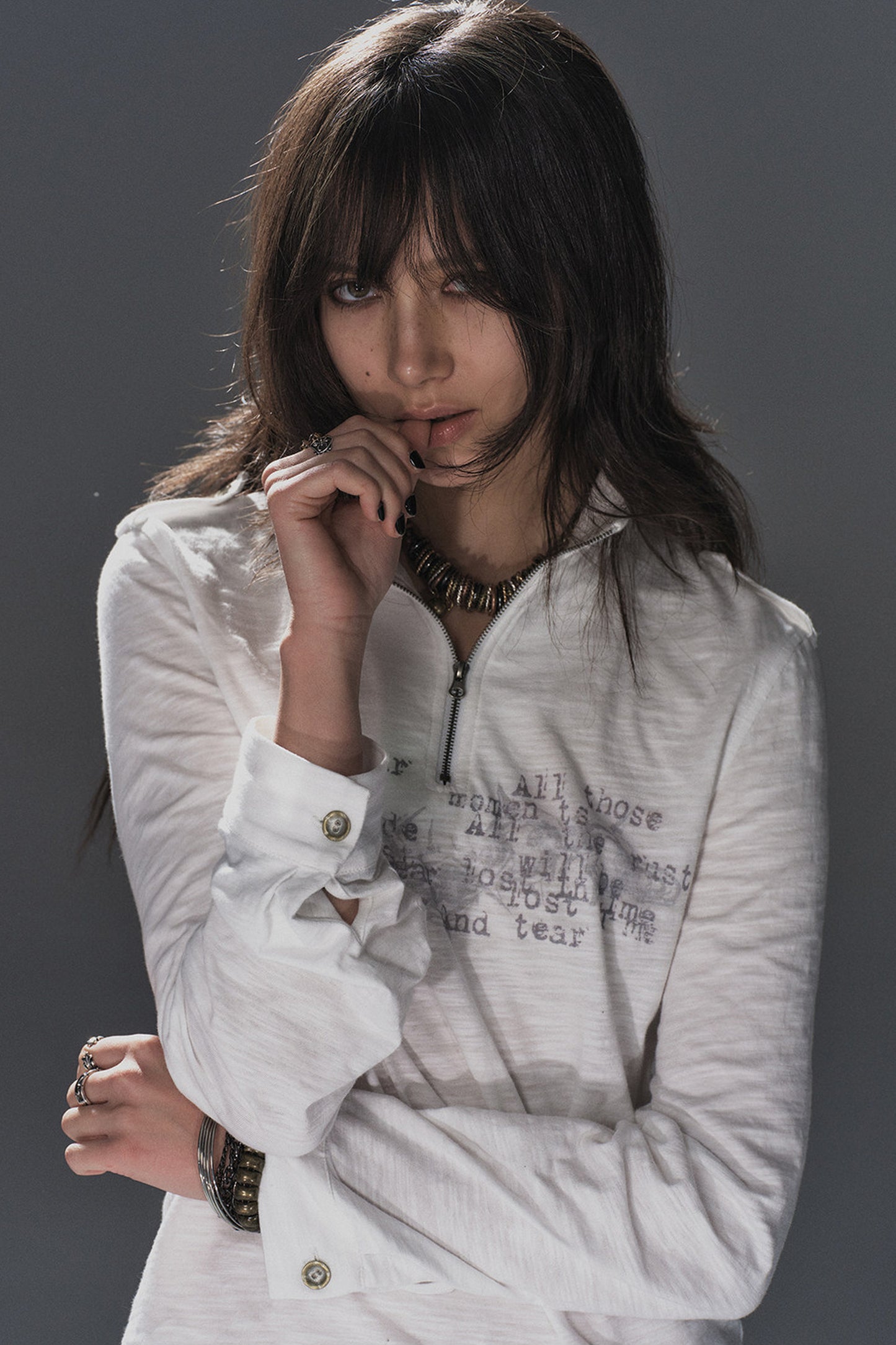 Stand Collar Metal Zipper Printed T-Shirt