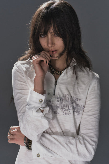 Stand Collar Metal Zipper Printed T-Shirt
