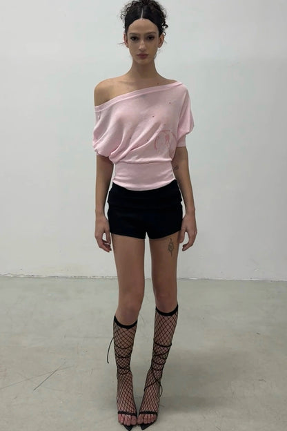 Two-Tone Rhinestone One-Shoulder T-Shirt