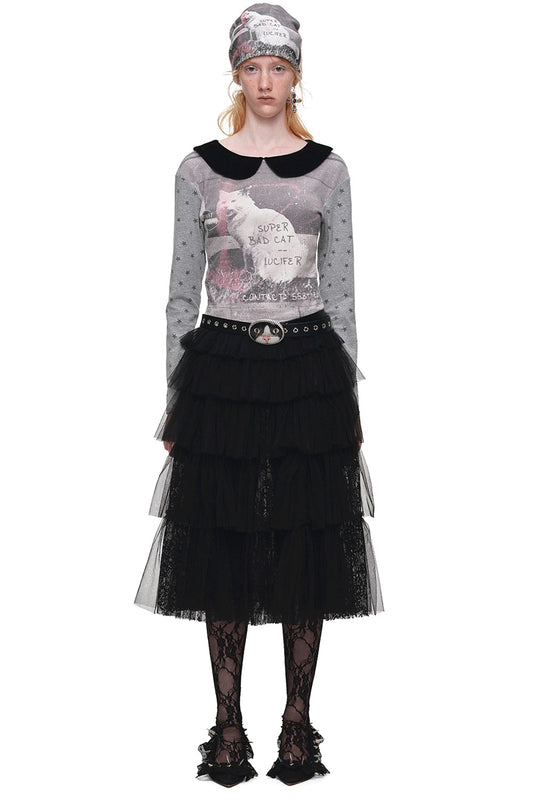 Cat Print Waffle Doll Collar Long-Sleeve T-Shirt