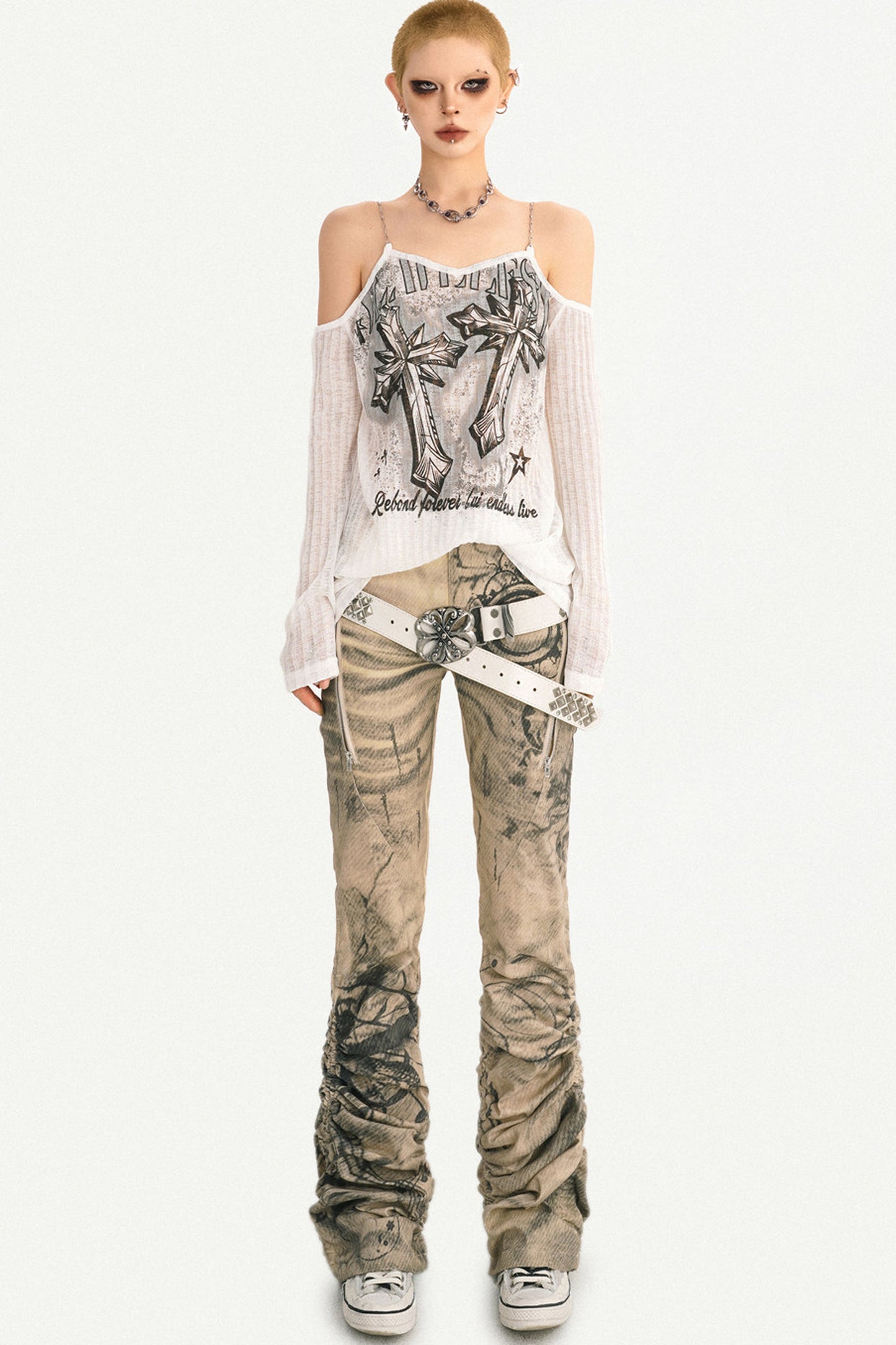 Retro Ink Print Flared Pants
