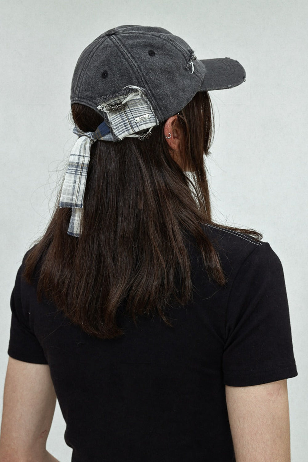 Ripped Plaid Studded Strap Baseball Cap
