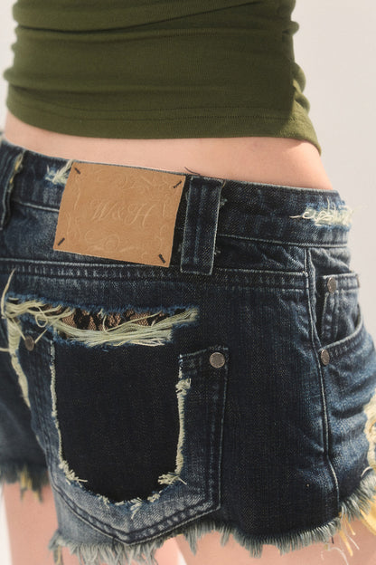 Frayed Ripped Lace Denim Shorts