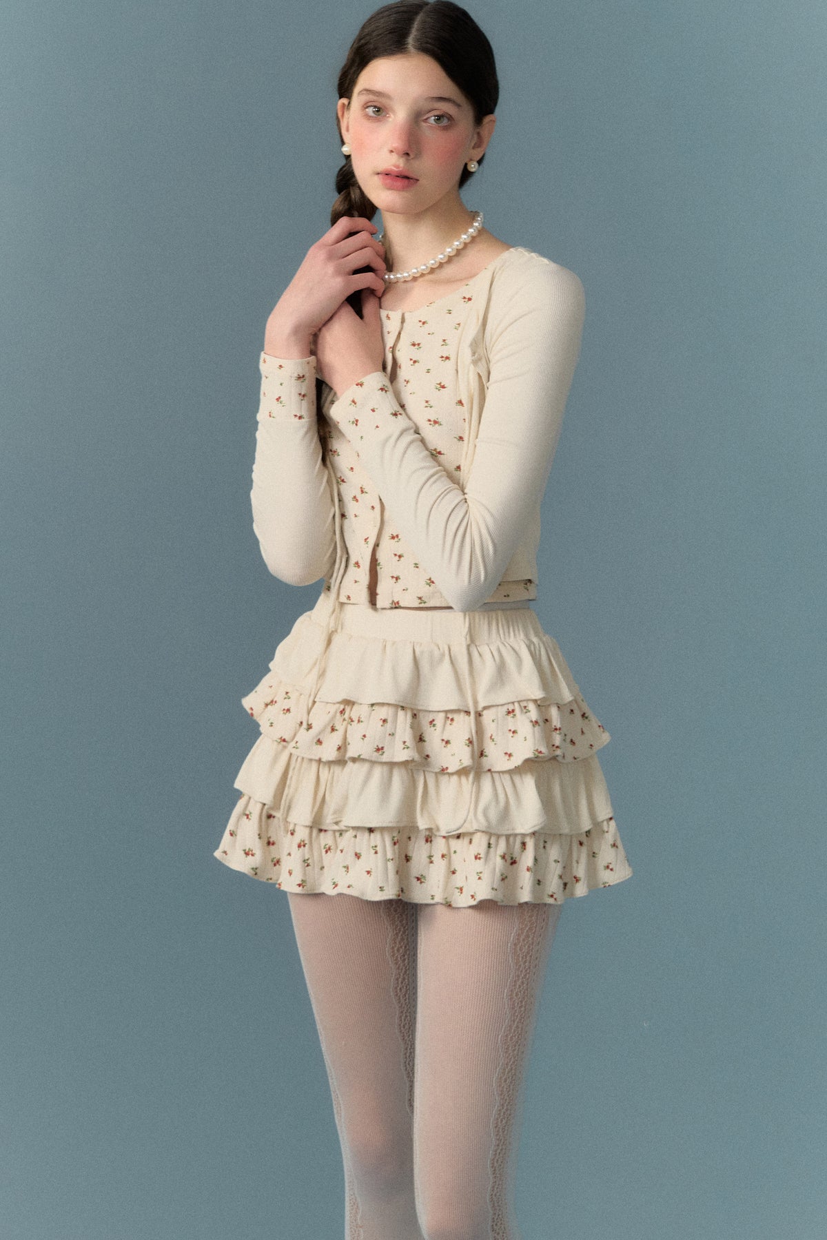 Floral Patchwork Knit Cardigan and Lace-Up Skirt Set-Up