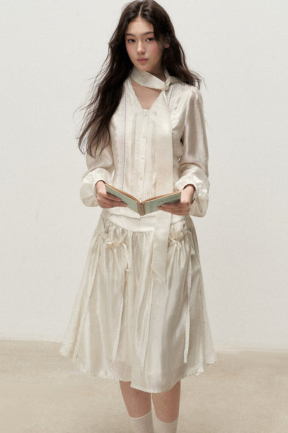 Botanical Lyocell V-Neck Ribbon Blouse And Skirt Set-Up
