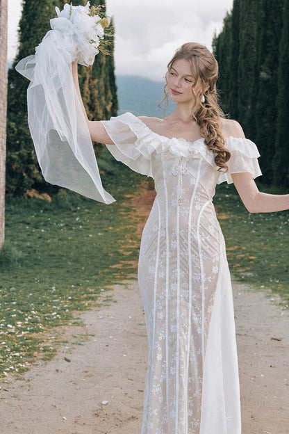 Lace French Retro Off-Shoulder Fishbone Dress
