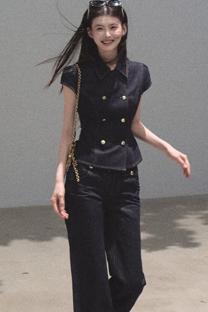 Retro Denim Waist-Cinching Dress Set-Up