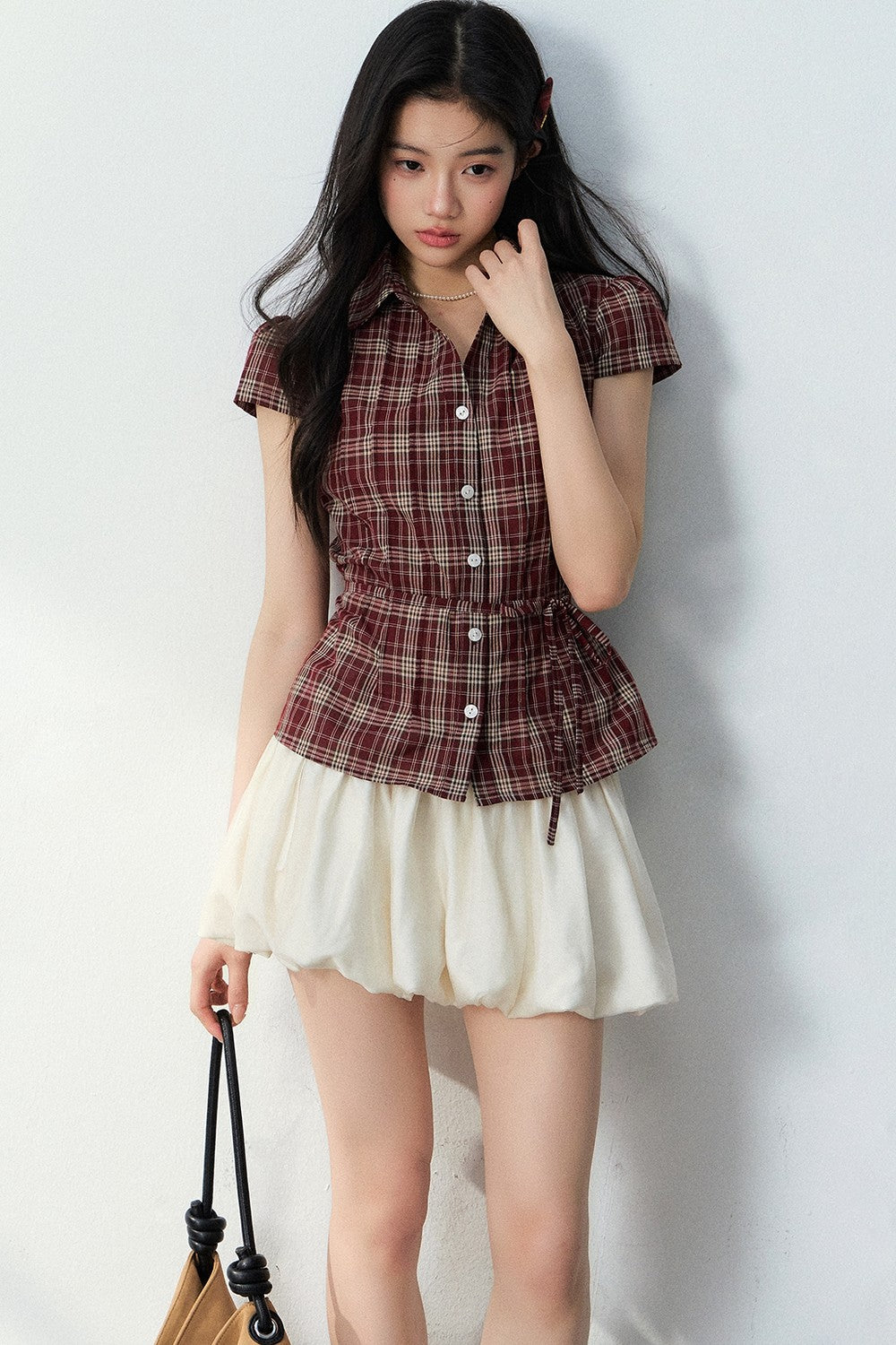 V-Neck Plaid Polka Dot Short Sleeve Shirt Set-Up