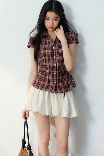 V-Neck Plaid Polka Dot Short Sleeve Shirt Set-Up