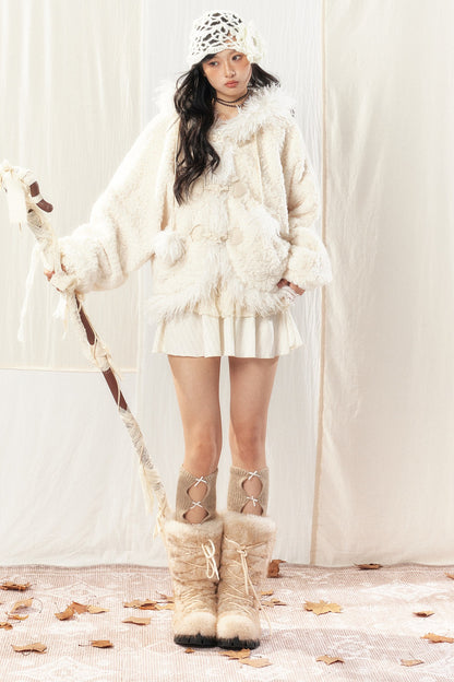 Hooded Plaid Fur Collar Jacket