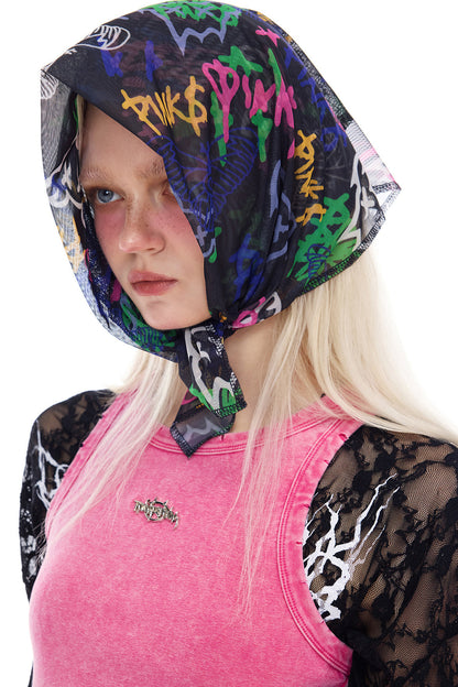 Graffiti Butterfly Cat Digital Mesh Headscarf