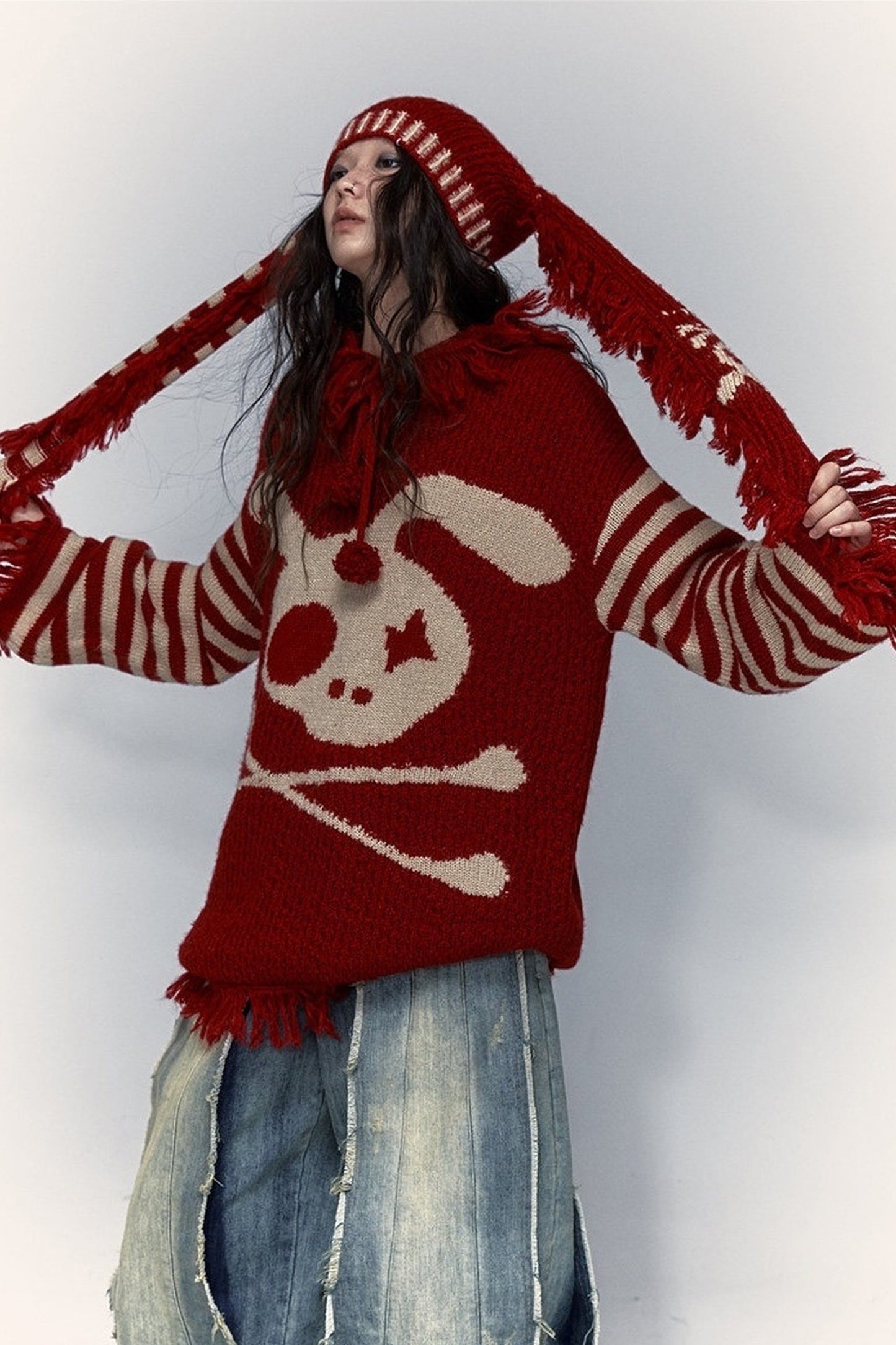 Skull Rabbit Hooded Knit Blouse