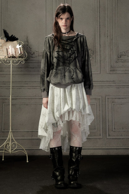 Distressed Drawstring Cross Print Hooded Pullover Sweatshirt