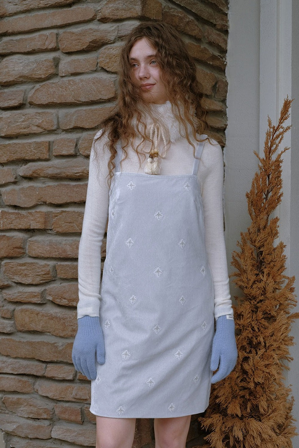 Embroidered Velvet Suspender Dress