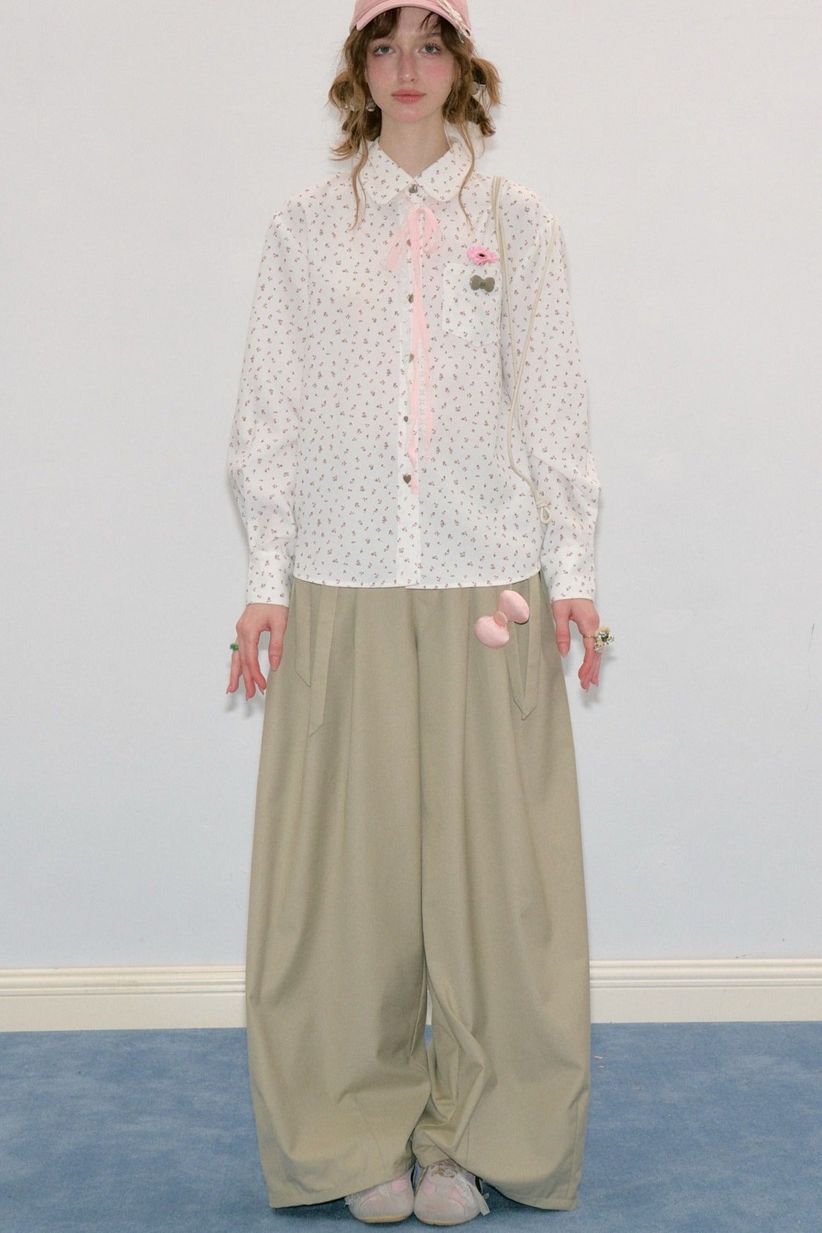Lace-Up Doll Collar Floral Shirt