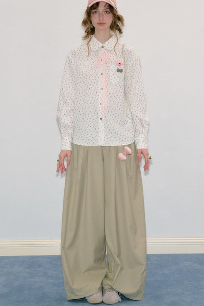 Lace-Up Doll Collar Floral Shirt