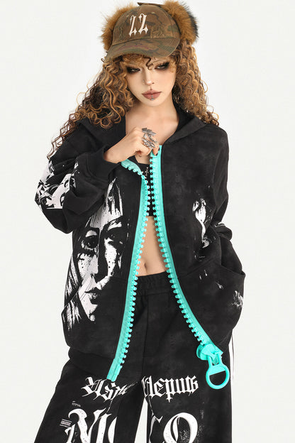 Loose Zip Hoodie Jacket and Sweatpants Set-Up