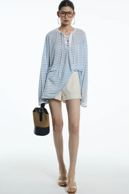 Navy Blue Tie-Neck Lyocell Top