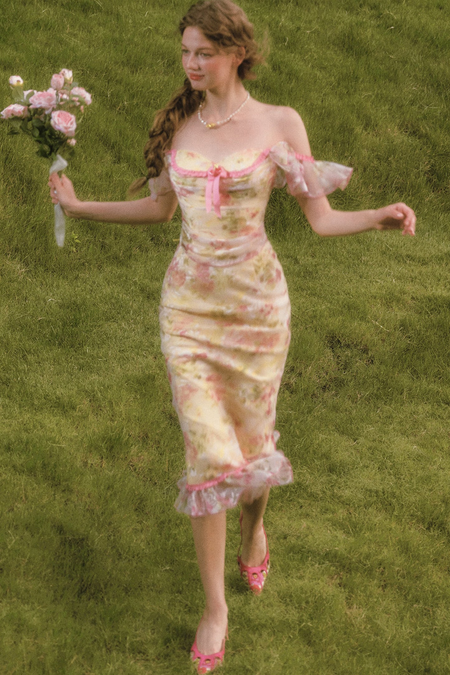 Floral Off-Shoulder Fishbone Corset Top and Skirt Set-Up