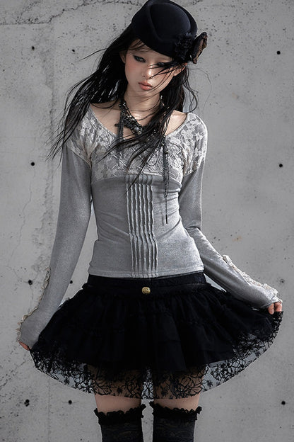 Lace Patchwork Pleated Multi-Layered Puffy Skirt