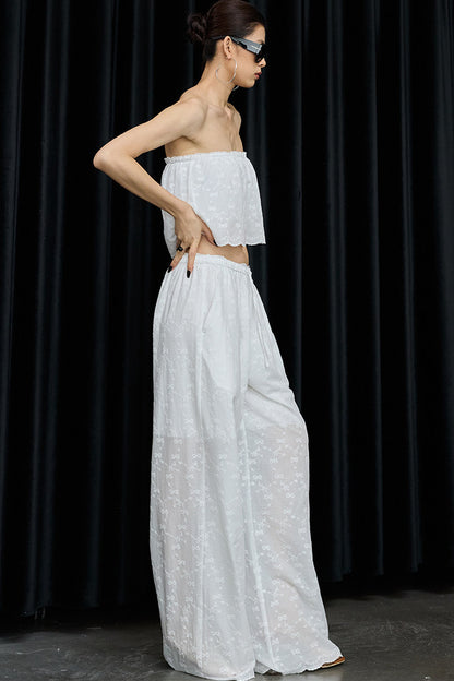 White Cotton Hollow Embroidery Top And Pants Set-Up