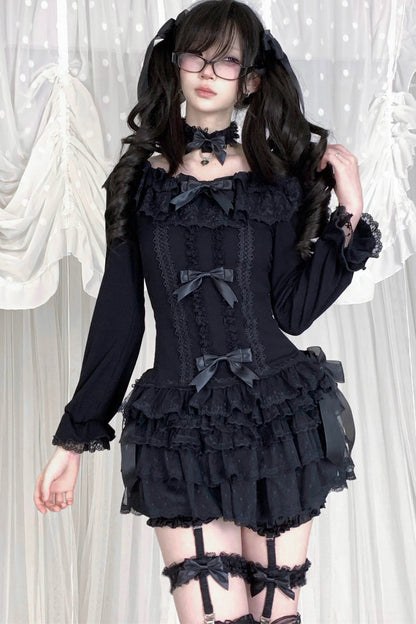 Multi-Layered Lace Bow Long Sleeve T-Shirt