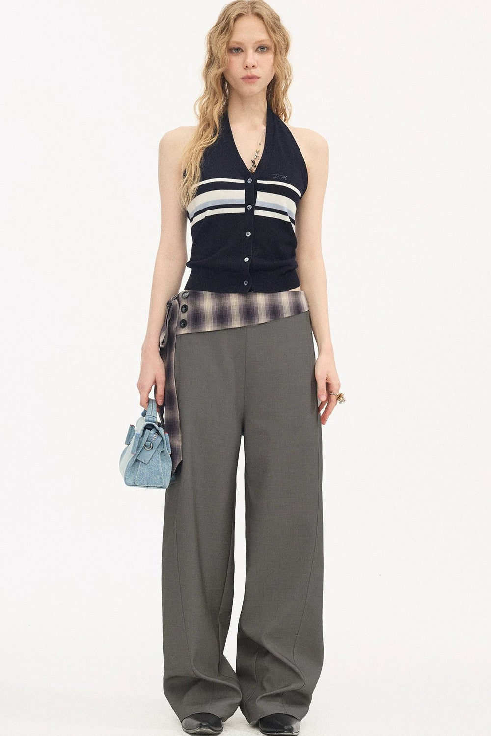 Plaid Drapey Waist-Tie Trousers