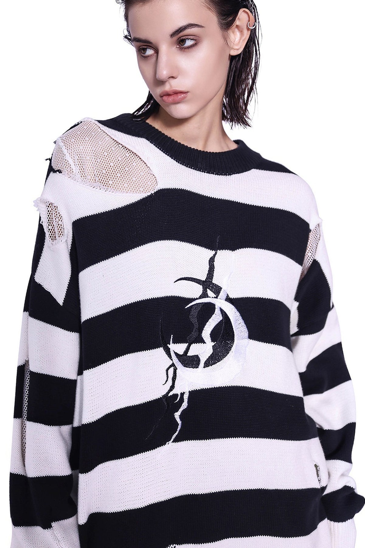 Loose Offset Embroidery Distressed Striped Sweater